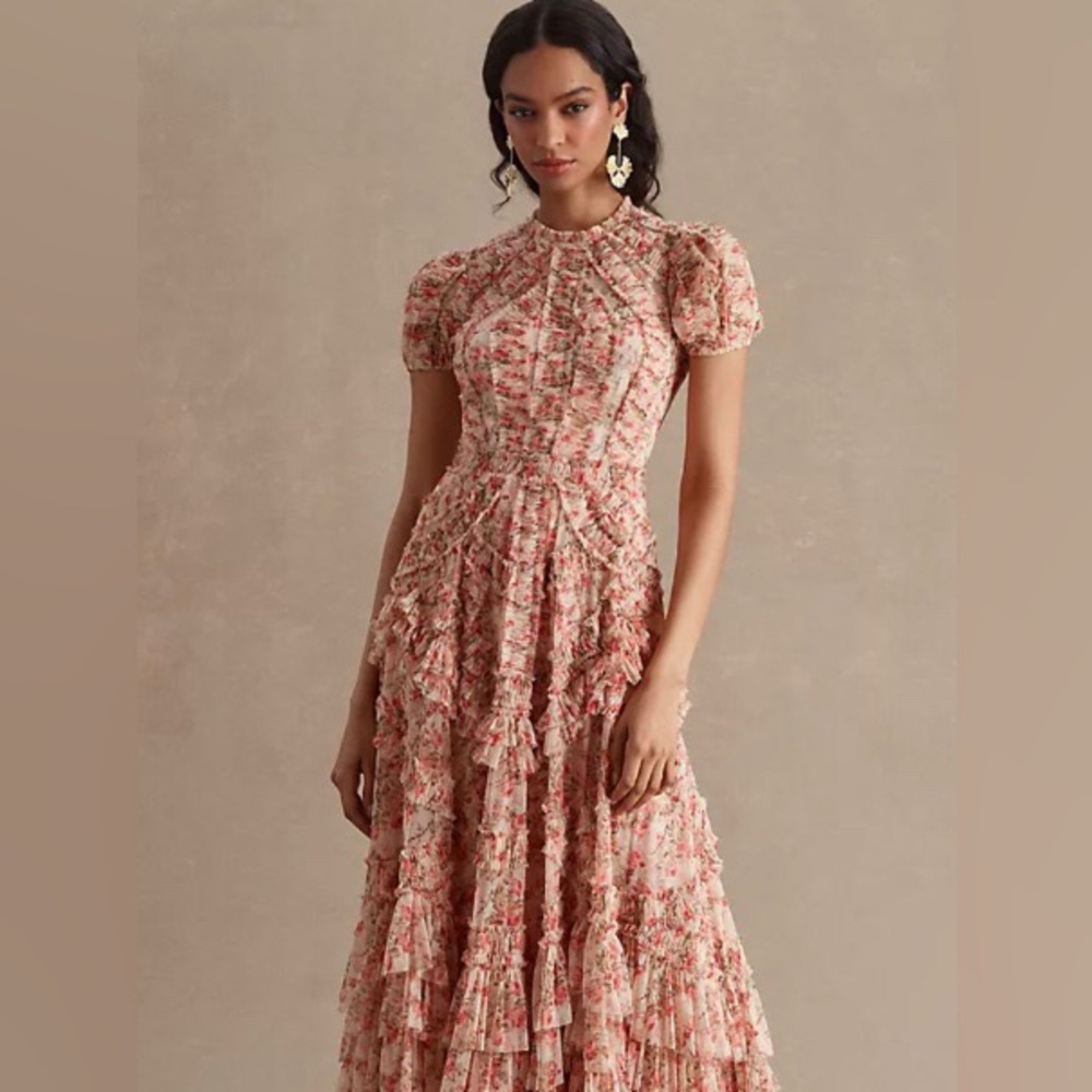 Mac Duggal High-Neck Puff-Sleeve Mesh Ruffle Gown